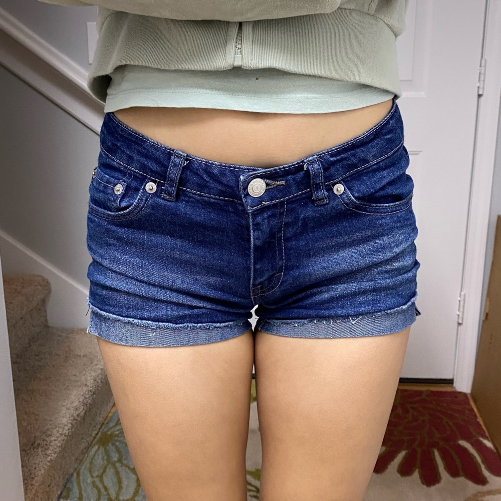 Low rise dark wash jean shorts